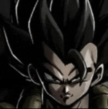 a close up of a dragon ball z character 's face with a black background .