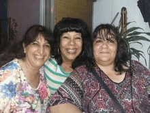 three women are posing for a picture together and smiling while standing next to each other .