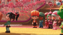 a group of cartoon characters are standing in front of a field of pink lollipops