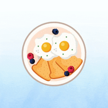 a plate of food with eggs toast and blueberries on a blue background