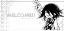 a black and white drawing of a boy with the words welcome enjoy this server below it