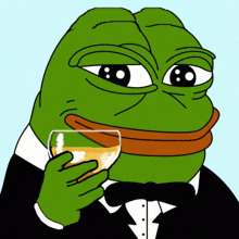 a green frog wearing a tuxedo is holding a glass