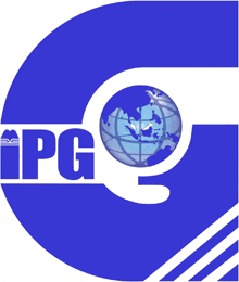 a blue and white logo for ipg with a globe