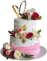 a white and pink cake with roses and pearls on top