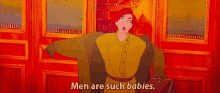 a cartoon character is standing in front of a red door and says `` men are such babies '' .