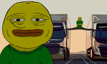 a cartoon of a man with a shrek face standing next to a truck