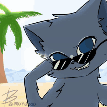 a cartoon cat wearing sunglasses on a beach .