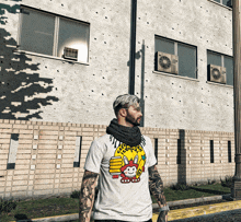 a man wearing a t-shirt with a picture of a rabbit on it