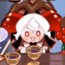 a cookie run character is sitting at a table with cups of tea and a lollipop .