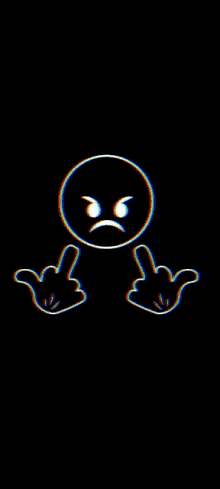 an angry smiley face is giving the middle finger in a glitch effect on a black background .