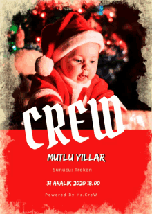 a baby in a santa hat is on a crew christmas card