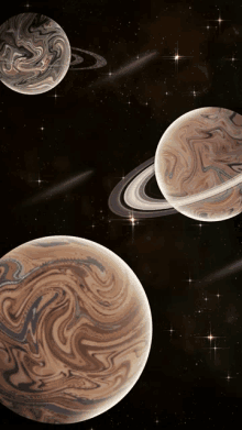 a painting of three planets in space with rings around them