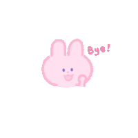 a drawing of a pink rabbit with the words bye written below it