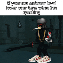 a cartoon of a skeleton wearing a helmet and chains with the words if your not enforcer level