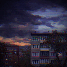 a pixelated image of a cloudy sky over a building