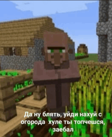 a minecraft villager is standing in a field with a house in the background .