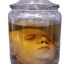 a jar filled with a man 's head in liquid on a white background .