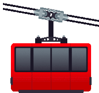 a red cable car is hanging from a cable