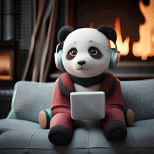 a panda bear wearing headphones is sitting on a couch holding a tablet computer .