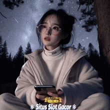 a girl wearing glasses is looking at her phone with situs slot gacor in the corner