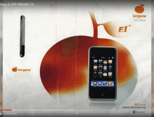 an advertisement for iorgane shows a phone on a red apple