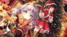 two anime girls dressed up as santa claus are standing next to a christmas tree .