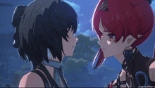 a couple of anime characters looking at each other with a watermark on the bottom left