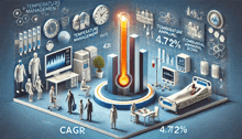 an isometric illustration of a hospital with a thermometer in the center