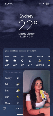 a phone screen shows the temperature in sydney at 22 degrees celsius