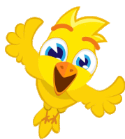 a yellow cartoon bird with blue eyes and orange beak