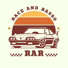 a logo for race and rasso rar with a car in the center