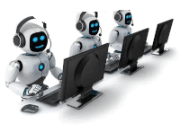 three robots are sitting in front of computer monitors