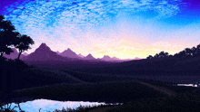 a pixel art landscape with mountains in the background and a lake in the foreground