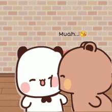 a cartoon bear is kissing another bear on the cheek and the word muah is above it