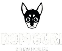 a black and white logo for dom guru brewhouse with a dog 's head