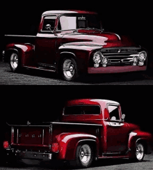 a red ford truck with chrome wheels is parked in a dark parking lot