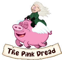 a cartoon of a woman riding on the back of a flying pig with the words the pink dread below it