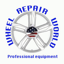 a logo for repair world professional equipment with a wheel in the middle