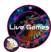 a circle with a roulette wheel and the words live games