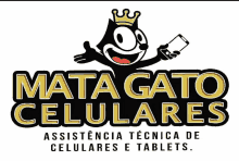 a logo for mata gato celulares shows a cartoon cat with a crown on his head