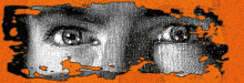 a black and white drawing of a person 's eyes on a orange background