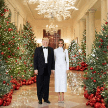 a man in a tuxedo and a woman in a white dress pose for a picture in front of christmas trees