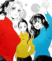 a drawing of three girls with one wearing a red shirt