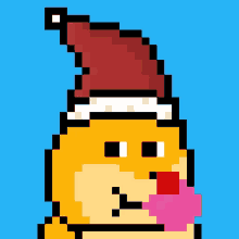 a pixel art of a dog wearing a santa hat and blowing a pink bubble