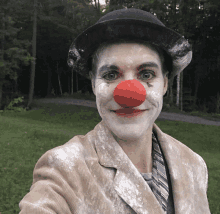 a man dressed as a clown with a red nose