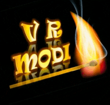 a burning match with the words " v r is modi " behind it