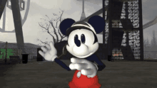 mickey mouse is wearing a hat and gloves and pointing at something