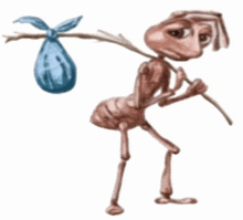 a cartoon ant is carrying a blue bag and a stick