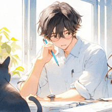 a boy sitting at a desk with a pen in his hand and a cat behind him