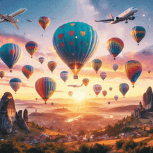 colorful hot air balloons are flying in the sky with a plane in the background